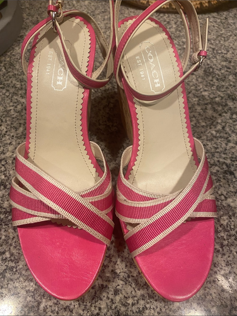 Coach Pink Cork Wedge Sandals with White Trim